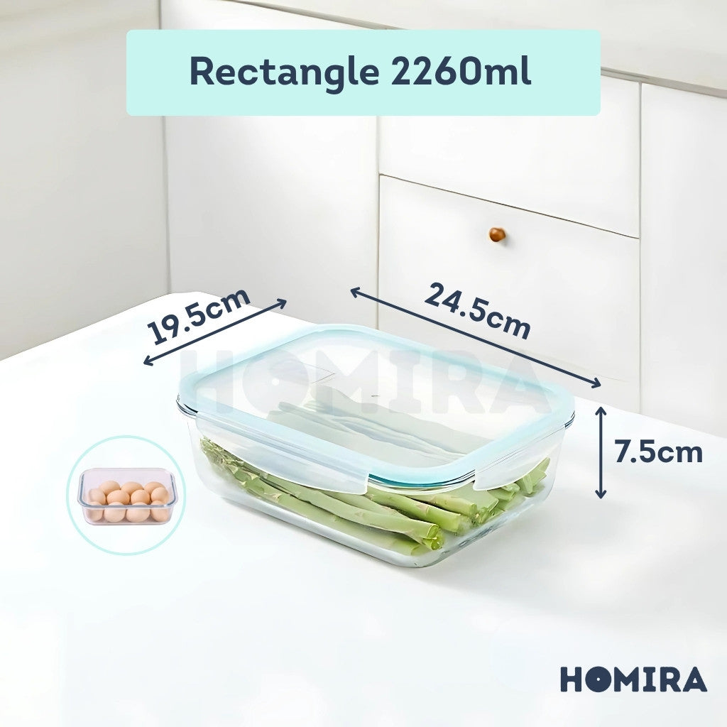 Homira Rectangle Borosilicate Glass Food Container 2260ml β Airtight Leakproof | Microwave & Oven Safe