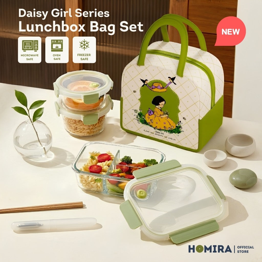 HOMIRA Daisy Girl Series Glass Lunch Box & Insulated Bag Set (480ml - 1100ml)