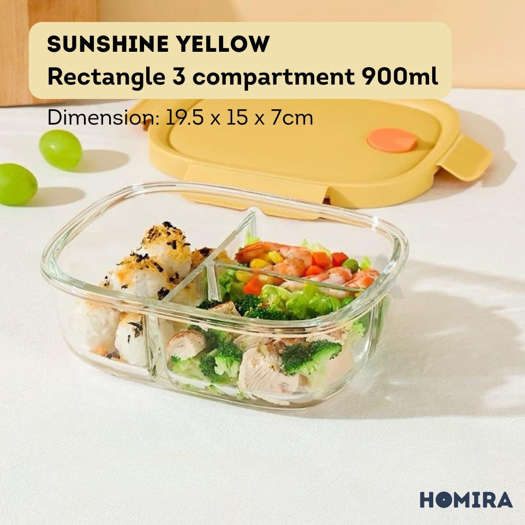 Homira Sunshine Yellow Borosilicate Glass Food Container – Airtight Leakproof Lunch Box | (450ml–940ml)