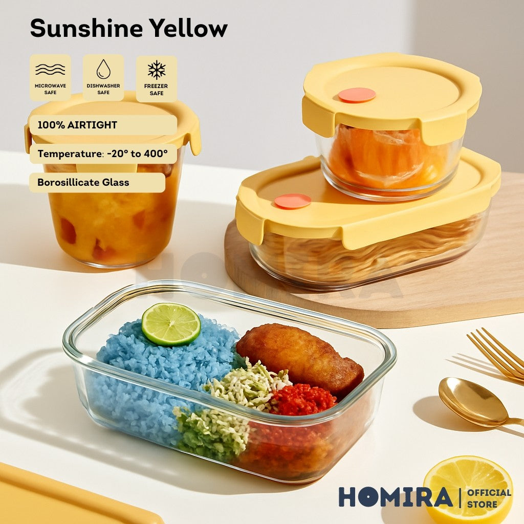 Homira Sunshine Yellow Borosilicate Glass Food Container β Airtight Leakproof Lunch Box | (450mlβ940ml)