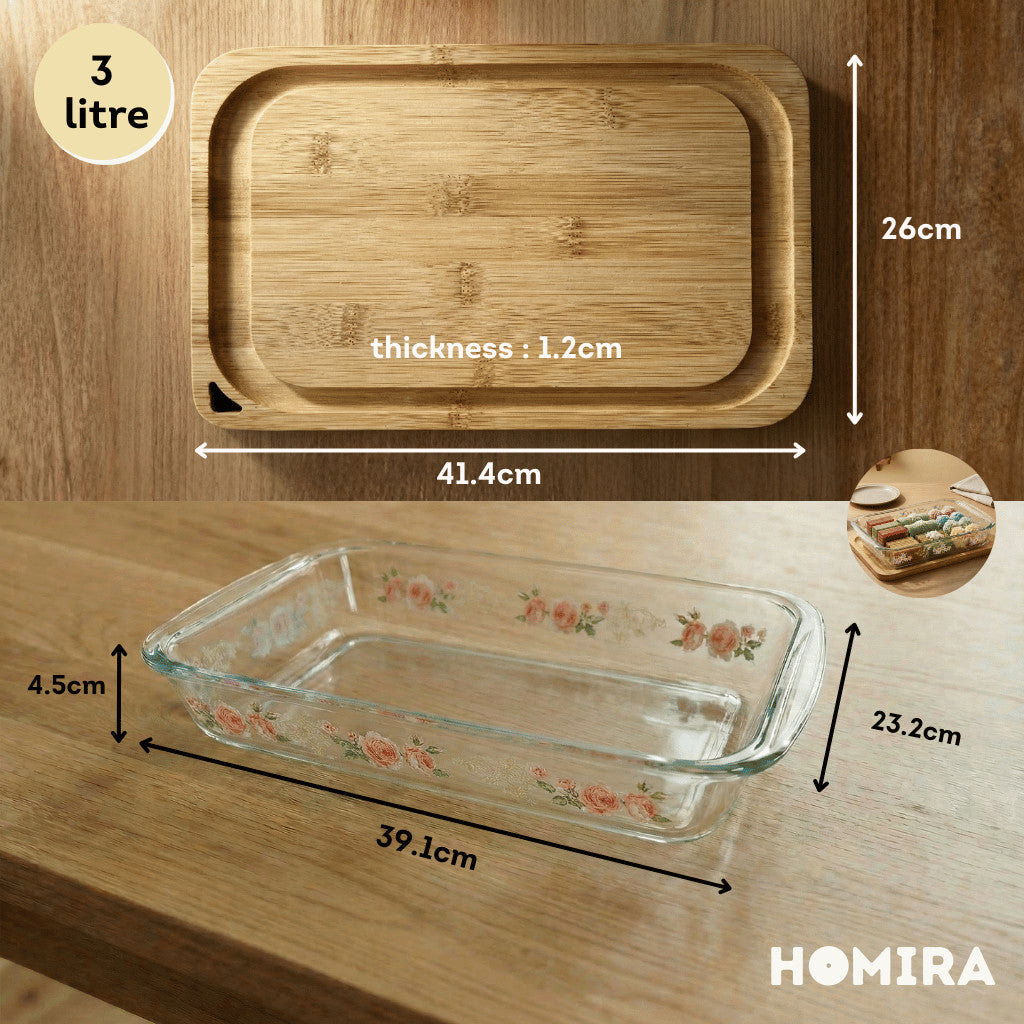 Homira Bakeware Glass Tray with Wooden Lid Display Set Baking Tray - 1L 1.6L 2.2L 3L
