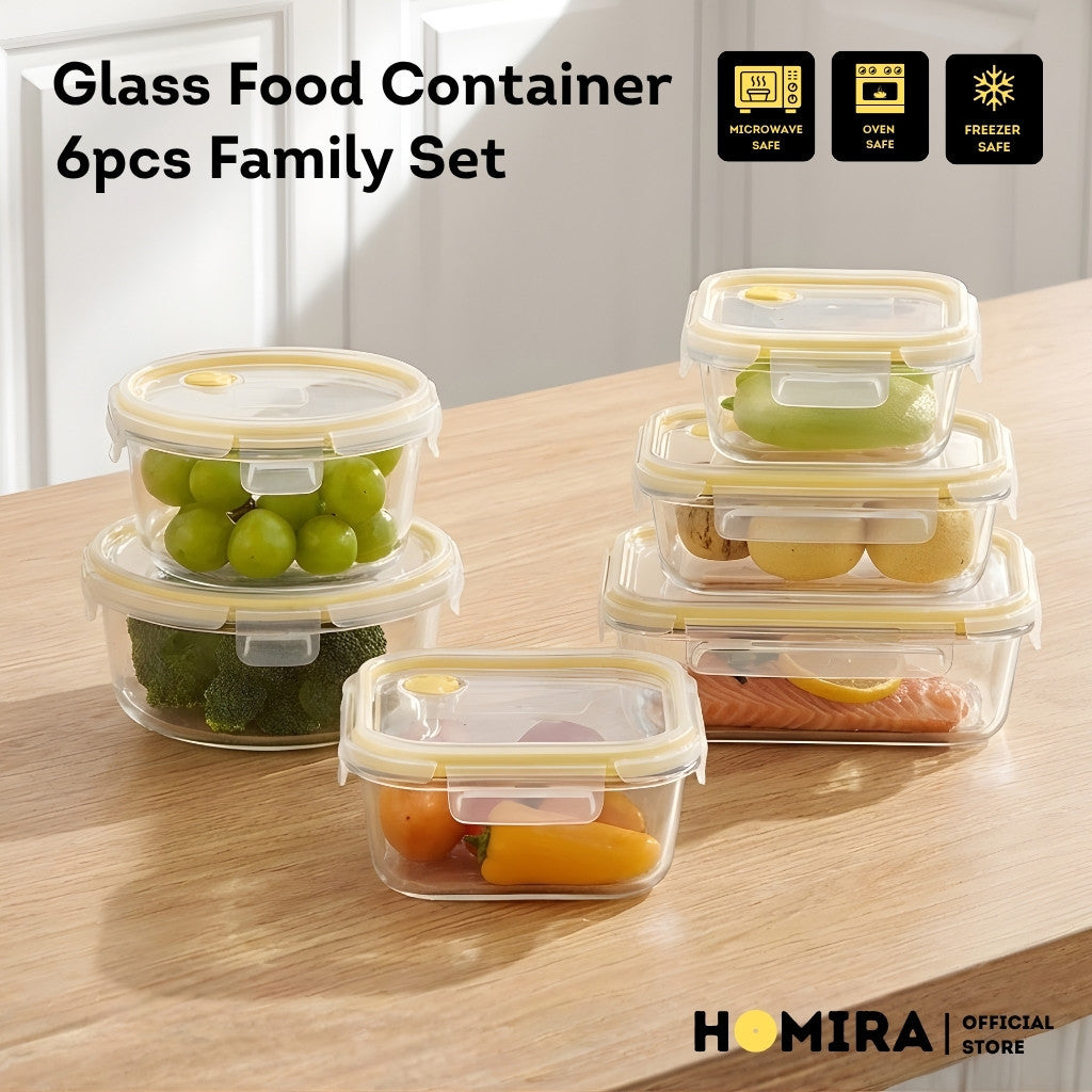HOMIRA Borosilicate Glass Food Container Family Set (6 Pcs)