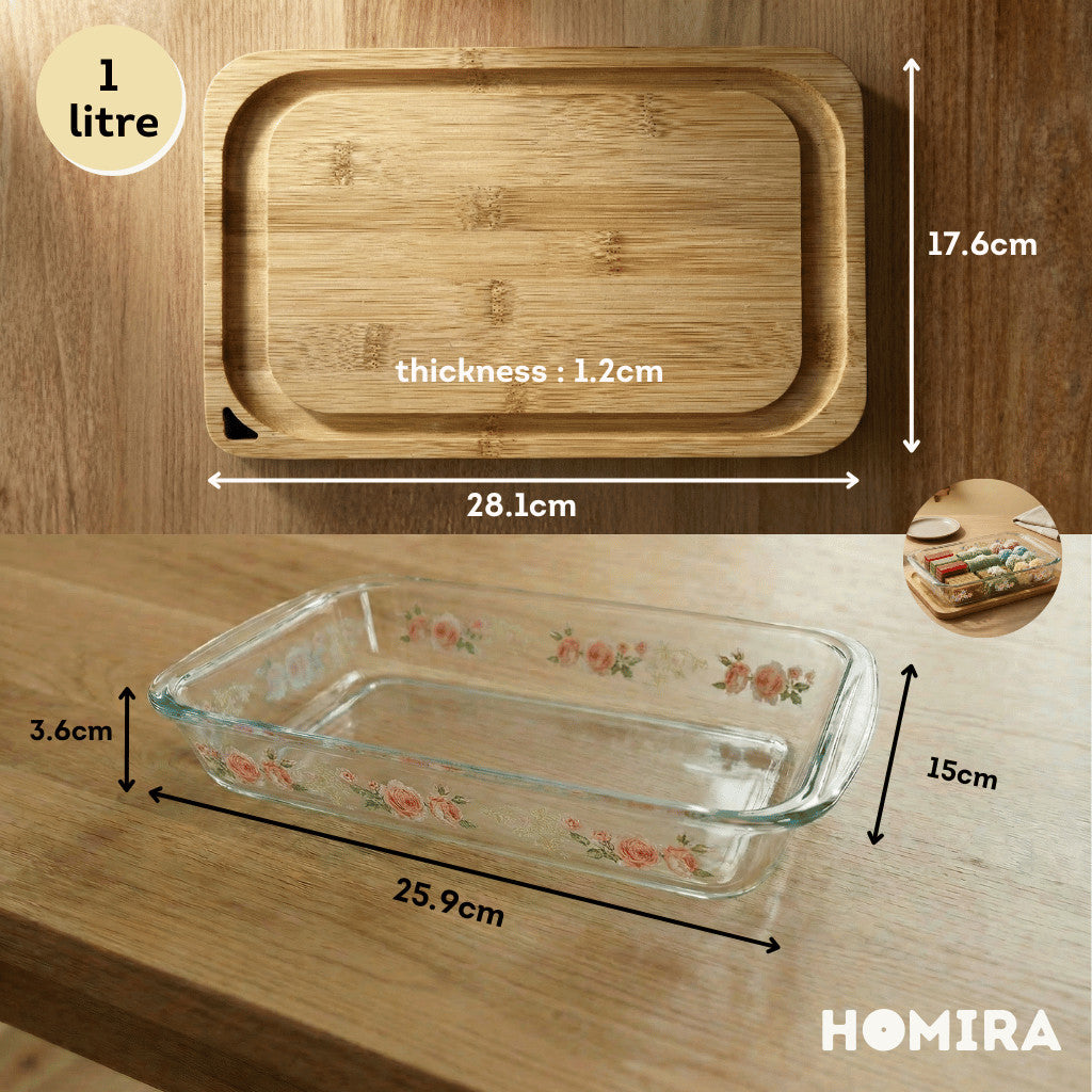 Homira Bakeware Glass Tray with Wooden Lid Display Set Baking Tray - 1L 1.6L 2.2L 3L