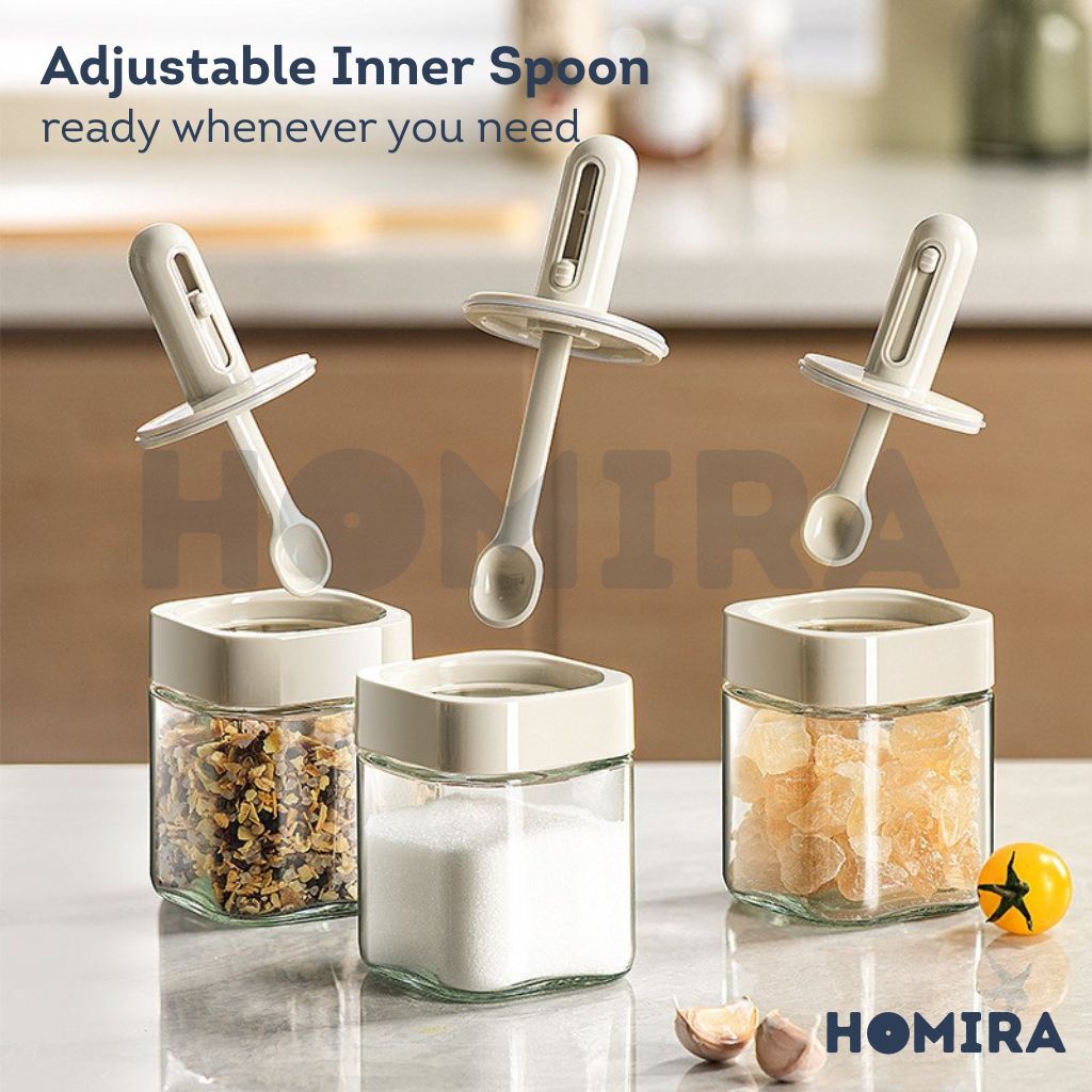 Homira Kitchen Square Glass Condiment Jar with Inner Spoon