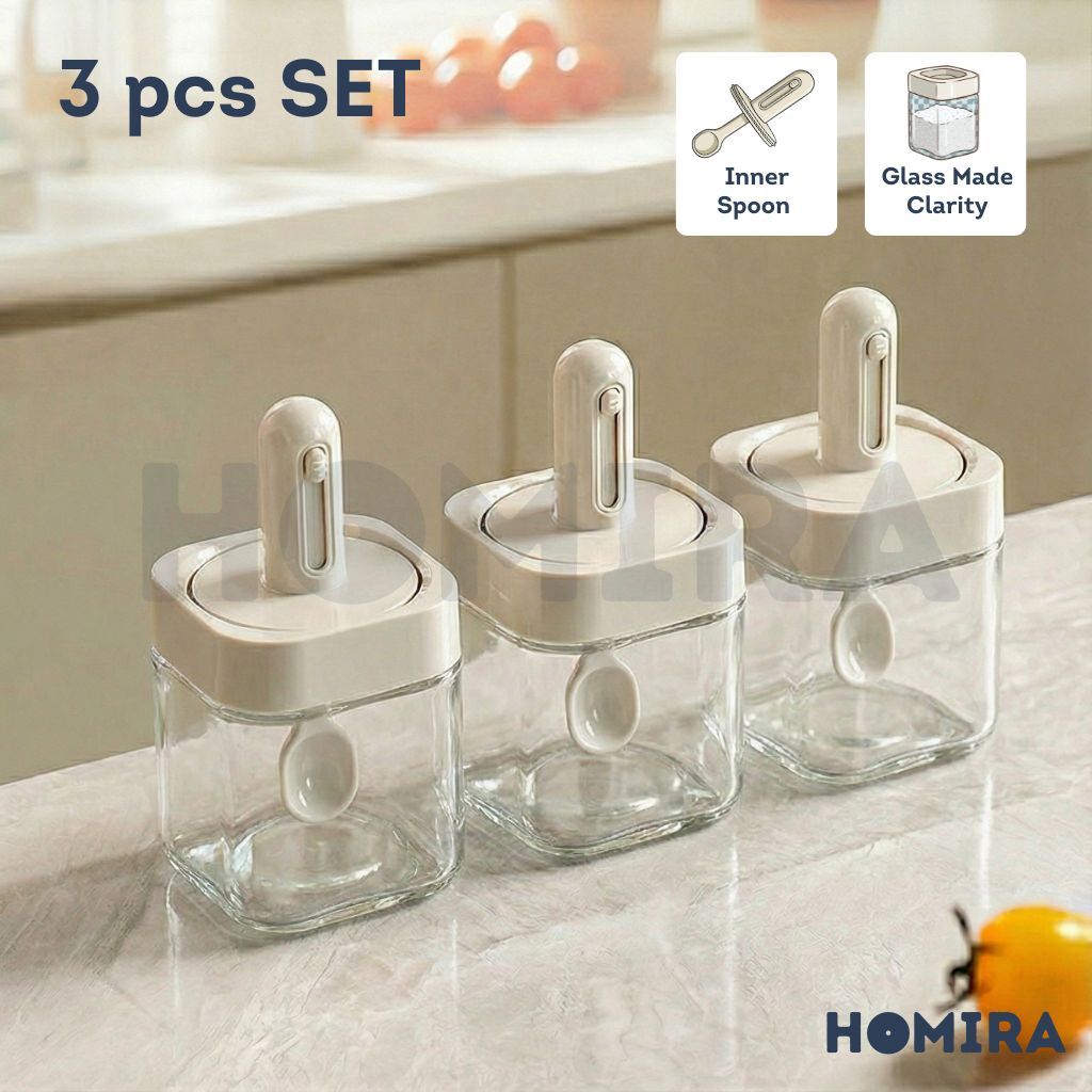 Homira Kitchen Square Glass Condiment Jar with Inner Spoon