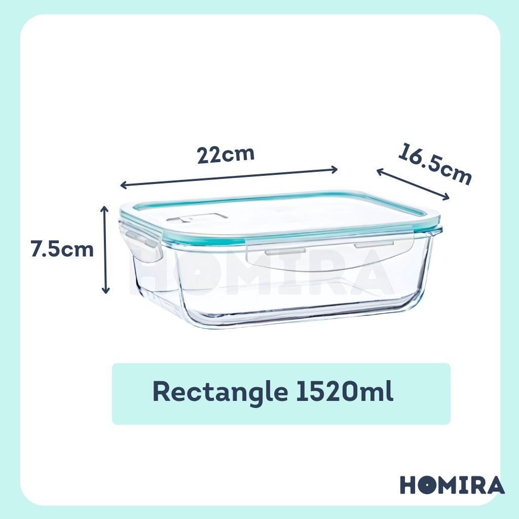 Homira Classic Rectangle Borosilicate Glass Food Container – Airtight Leakproof Oven Safe Lunch Box | (700ml–1520ml)