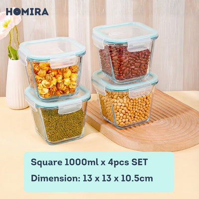 HOMIRA Classic Series Square Borosilicate Glass Food Container (1000ml)