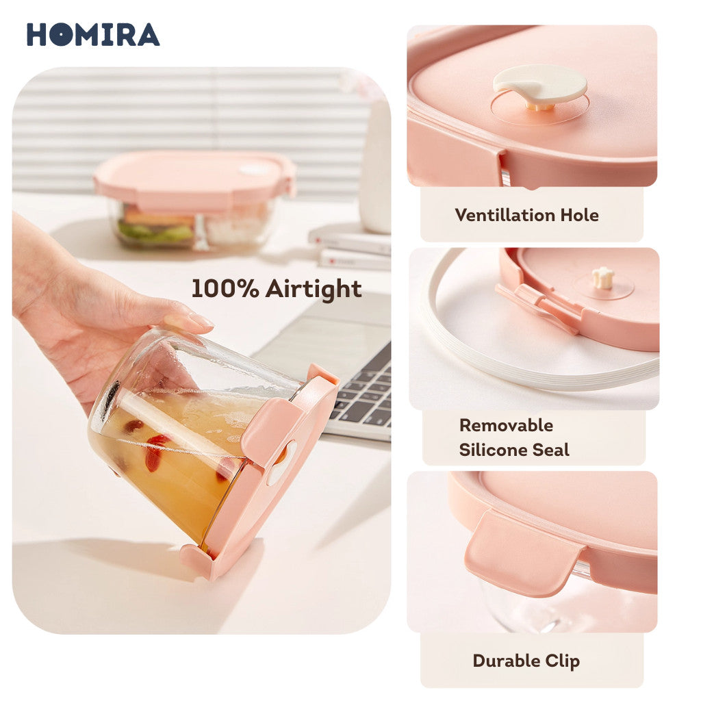 HOMIRA Peachy Pink Borosilicate Glass Food Container Airtight Leakproof Lunch Box (450ml-940ml)