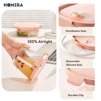 HOMIRA Peachy Pink Borosilicate Glass Food Container Airtight Leakproof Lunch Box (450ml-940ml)