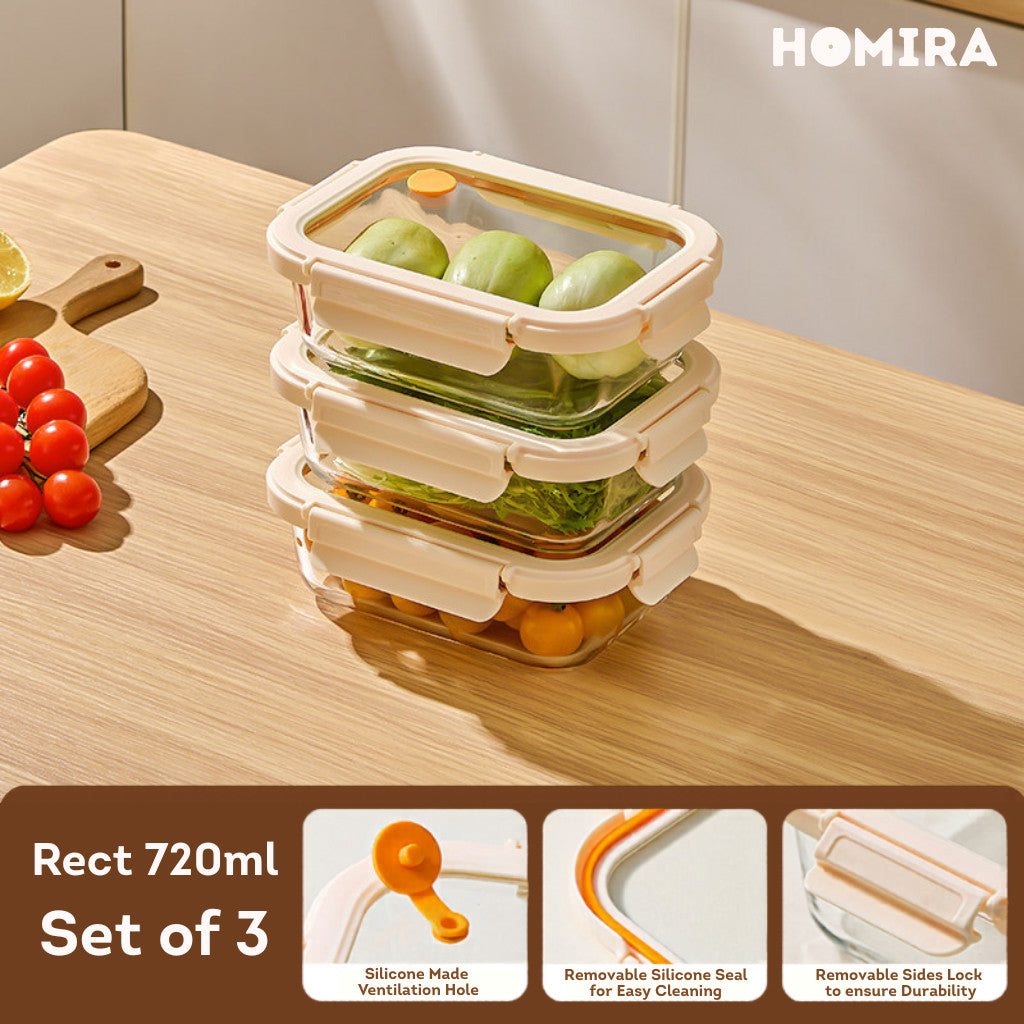 HOMIRA Signature Series Rectangle Borosilicate Glass Food Container Set (480ml/720ml/1100ml/1520ml)