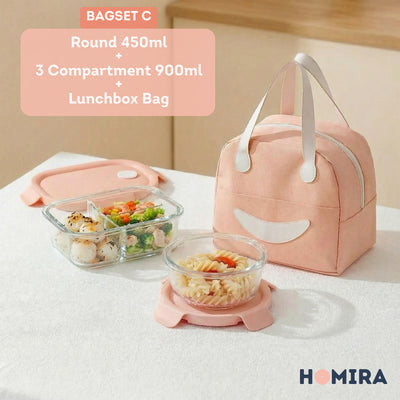HOMIRA Summer Series Borosilicate Glass Lunchbox Bag Airtight & Microwave Safe Set