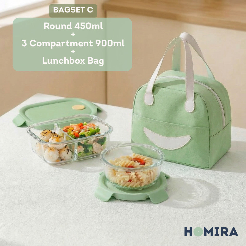 HOMIRA Summer Series Borosilicate Glass Lunchbox Bag Airtight & Microwave Safe Set