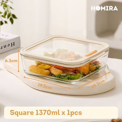 HOMIRA Timeless Series Square Borosilicate Glass Food Container (1370ml x 2 Pcs)