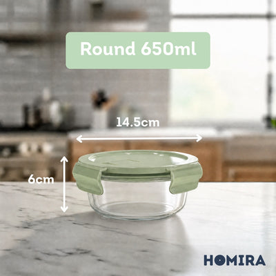 HOMIRA Wave Series Borosilicate Glass Food Container Airtight Microwave Safe (450ml-1050ml)