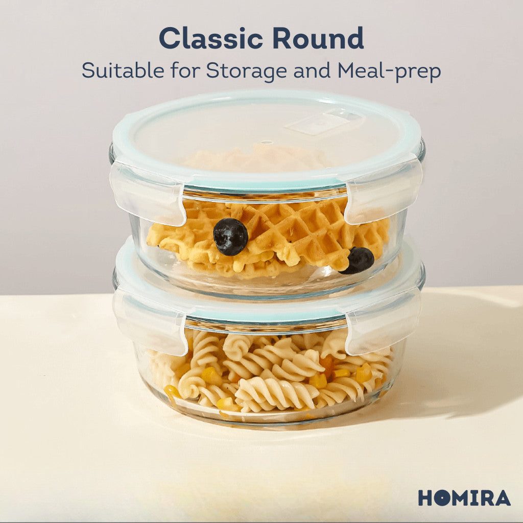 HOMIRA Classic Series Round Borosilicate Glass Food Container Airtight & Microwave Safe (450ml/650ml/1050ml)