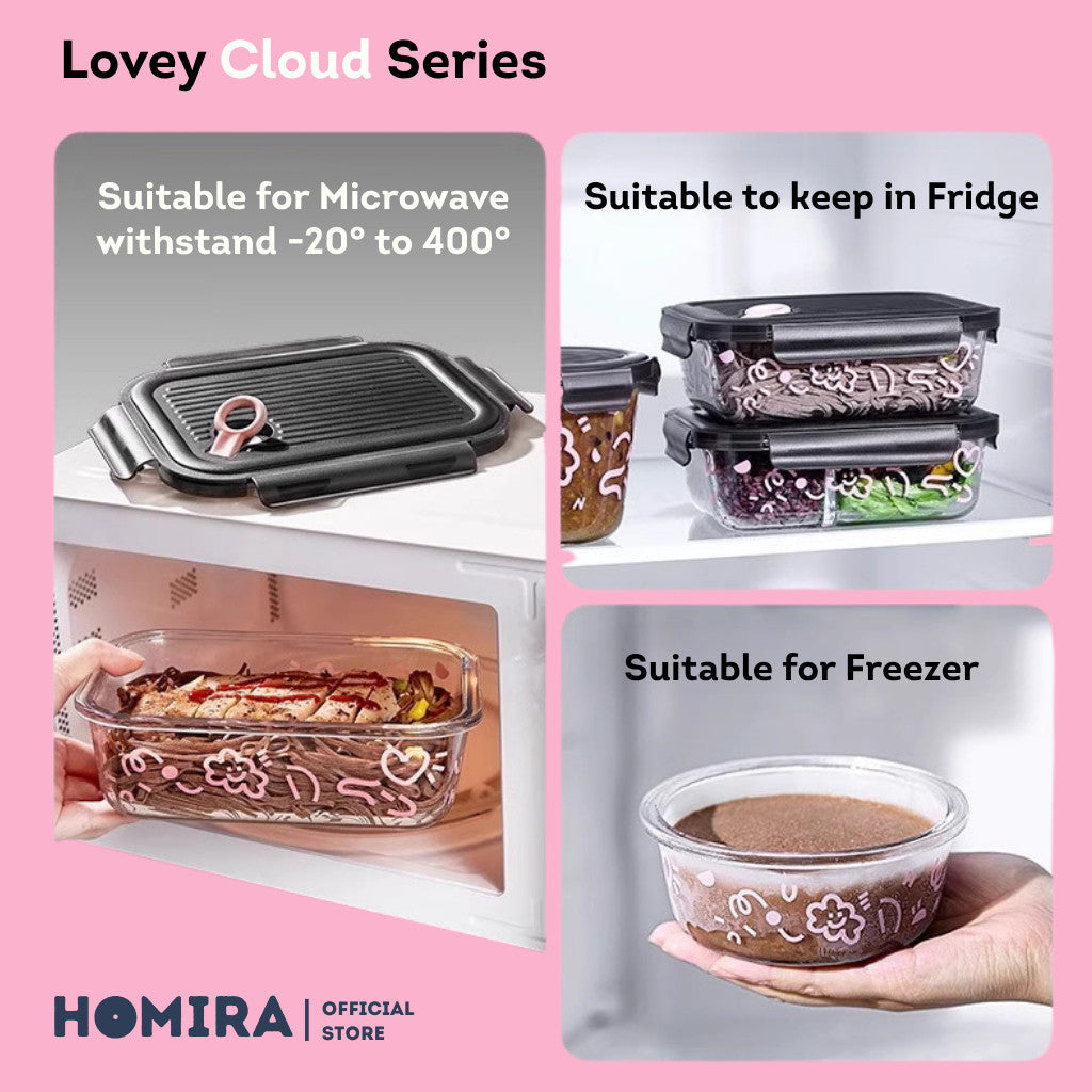 HOMIRA Lovey Cloud Series Borosilicate Glass Food Container & Bag Set - Black (450ml - 1100ml)