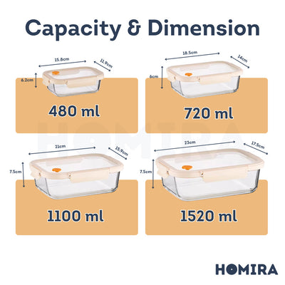HOMIRA Signature Series Rectangle Borosilicate Glass Food Container Set (480ml/720ml/1100ml/1520ml)