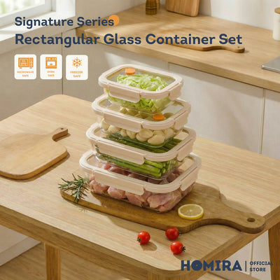 HOMIRA Signature Series Rectangle Borosilicate Glass Food Container Set (480ml/720ml/1100ml/1520ml)