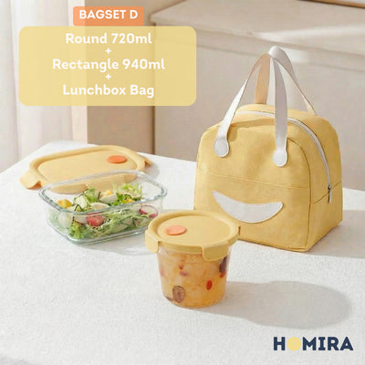 HOMIRA Summer Series Borosilicate Glass Lunchbox Bag Airtight & Microwave Safe Set