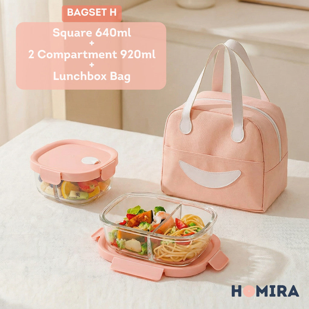 HOMIRA Summer Series Borosilicate Glass Lunchbox Bag Airtight & Microwave Safe Set