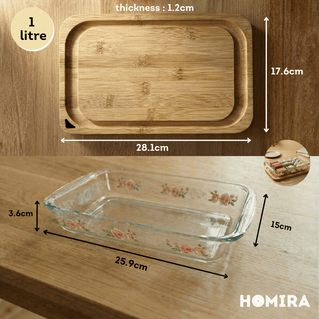 HOMIRA Bakeware Glass Tray with Wooden Lid Display Set(1L/1.6L/2.2L/3L)