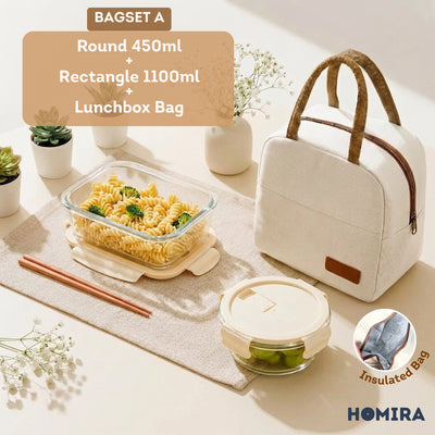 HOMIRA Buttercream Series Borosilicate Glass Lunchbox Bag Set