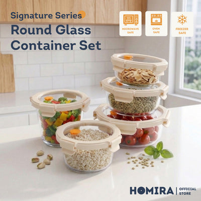 HOMIRA Signature Series Round Borosilicate Glass Food Container (450ml-1050ml)