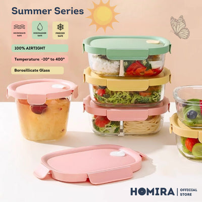 HOMIRA Summer Series Borosilicate Glass Food Container Lunch Box (450ml-940ml)