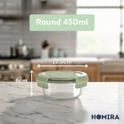 HOMIRA Wave Series Borosilicate Glass Food Container Airtight Microwave Safe (450ml-1050ml)