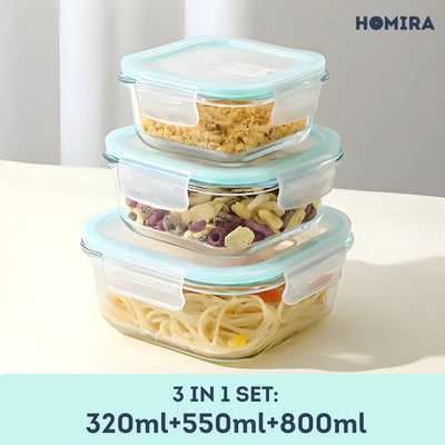 HOMIRA Classic Series Square Borosilicate Glass Food Container (320ml/550ml/800ml)