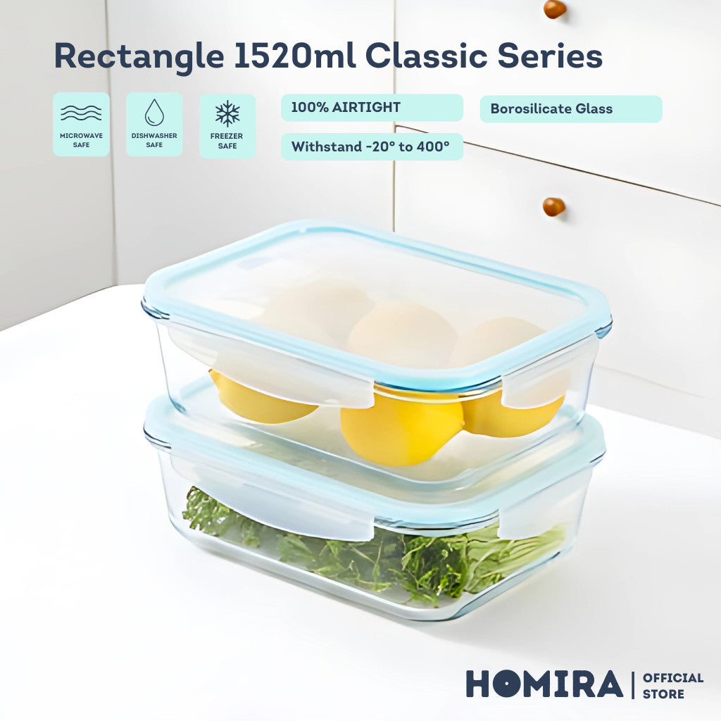 HOMIRA Classic Rectangle Borosilicate Glass Food Container (1520ml)