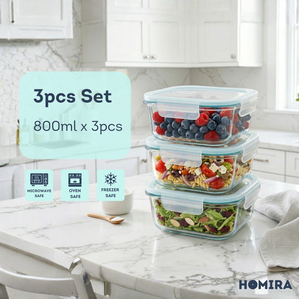 HOMIRA Classic Series Borosilicate Glass Square Food Container (800ml)