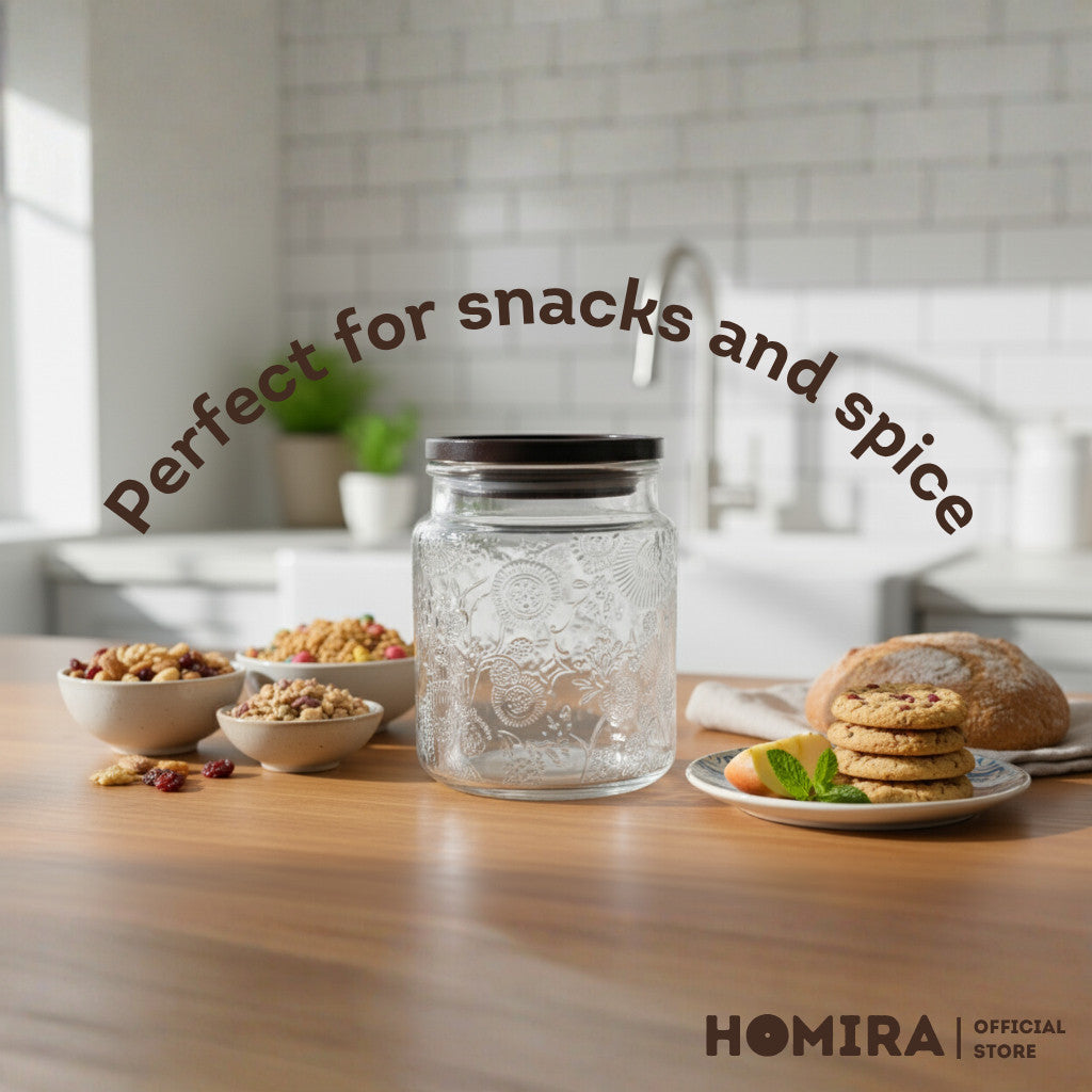 HOMIRA Embossed Glass Jar with Dark Wood Lid - 520ml / 750ml