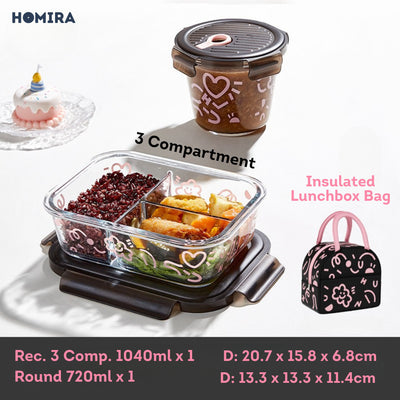 HOMIRA Lovey Cloud Series Borosilicate Glass Food Container & Bag Set - Black (450ml - 1100ml)