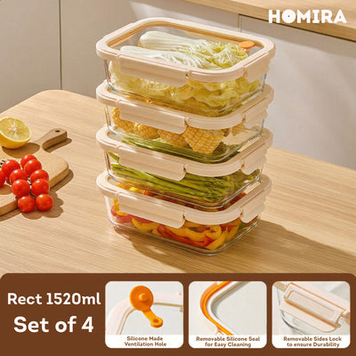 HOMIRA Signature Series Rectangle Borosilicate Glass Food Container Set (480ml/720ml/1100ml/1520ml)