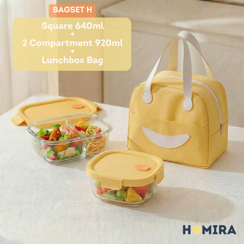 HOMIRA Summer Series Borosilicate Glass Lunchbox Bag Airtight & Microwave Safe Set