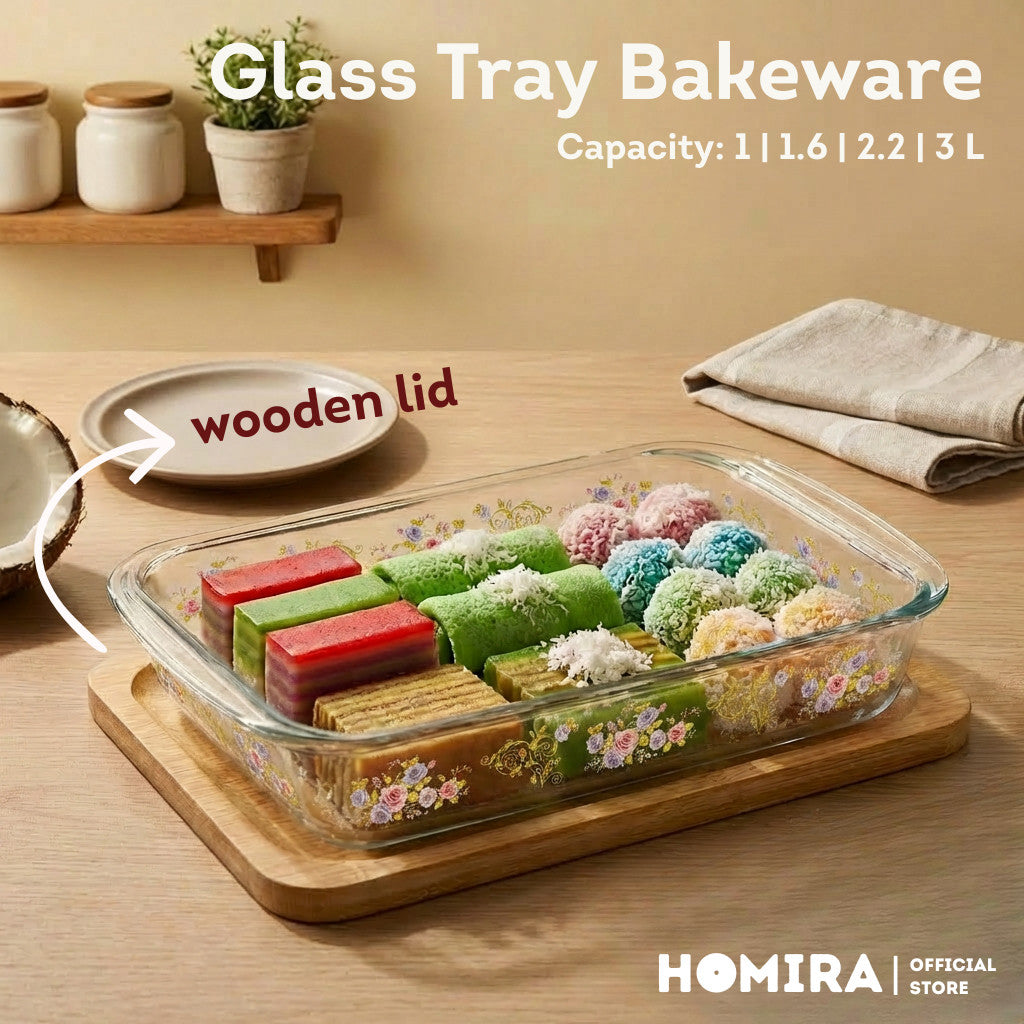 HOMIRA Bakeware Glass Tray with Wooden Lid Display Set(1L/1.6L/2.2L/3L)