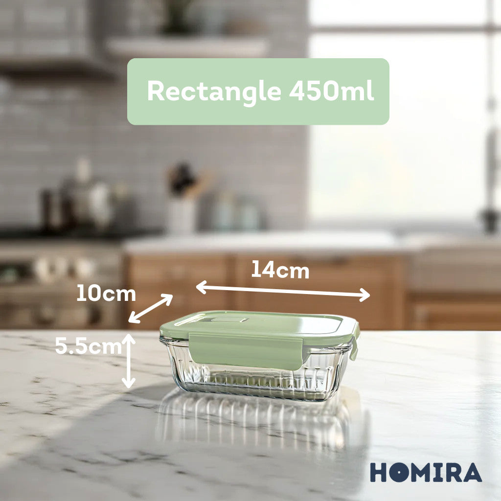 HOMIRA Wave Series Borosilicate Glass Food Container Airtight Microwave Safe (450ml-1050ml)