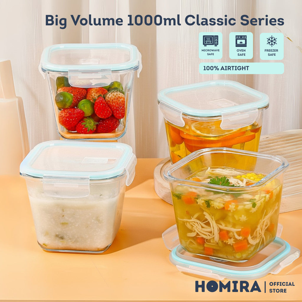 HOMIRA Classic Series Square Borosilicate Glass Food Container (1000ml)