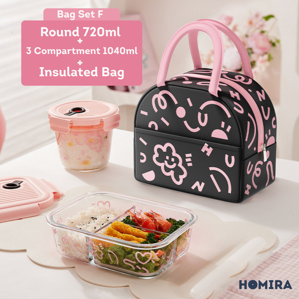 HOMIRA Lovey Cloud Series Glass Lunch Box & Insulated Bag Set (450ml - 1100ml)