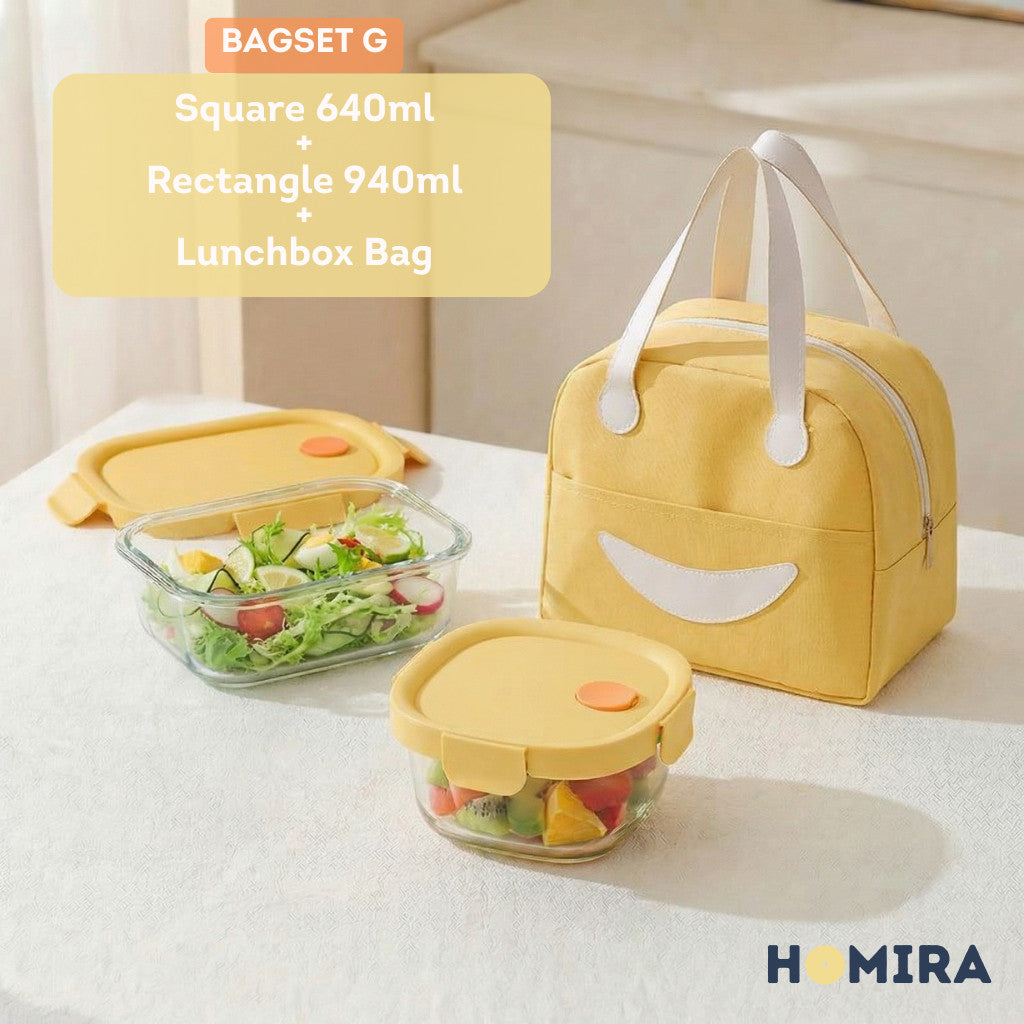 HOMIRA Summer Series Borosilicate Glass Lunchbox Bag Airtight & Microwave Safe Set
