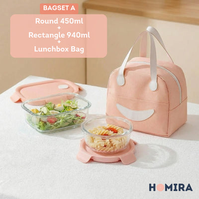 HOMIRA Summer Series Borosilicate Glass Lunchbox Bag Airtight & Microwave Safe Set