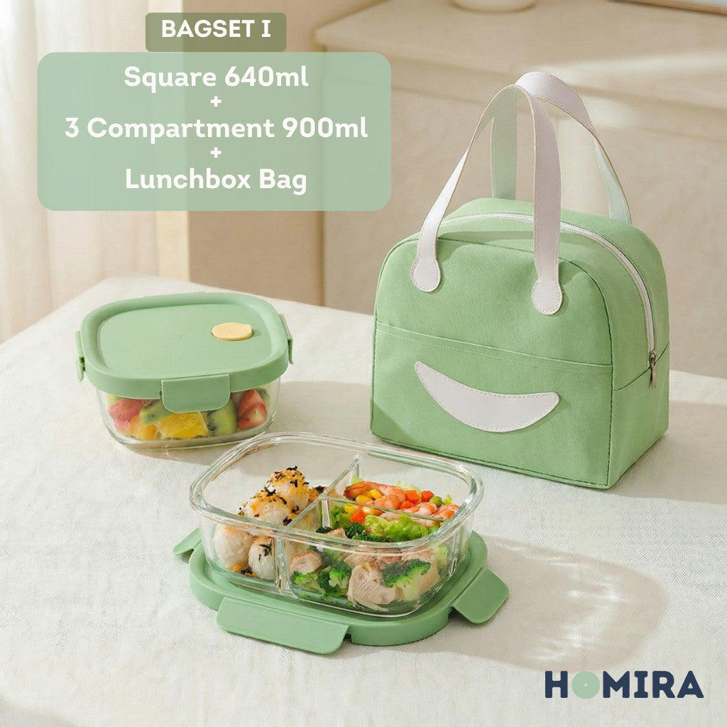 HOMIRA Summer Series Borosilicate Glass Lunchbox Bag Airtight & Microwave Safe Set