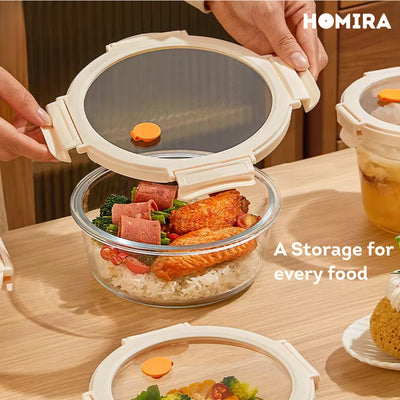HOMIRA Signature Series Round Borosilicate Glass Food Container (450ml-1050ml)