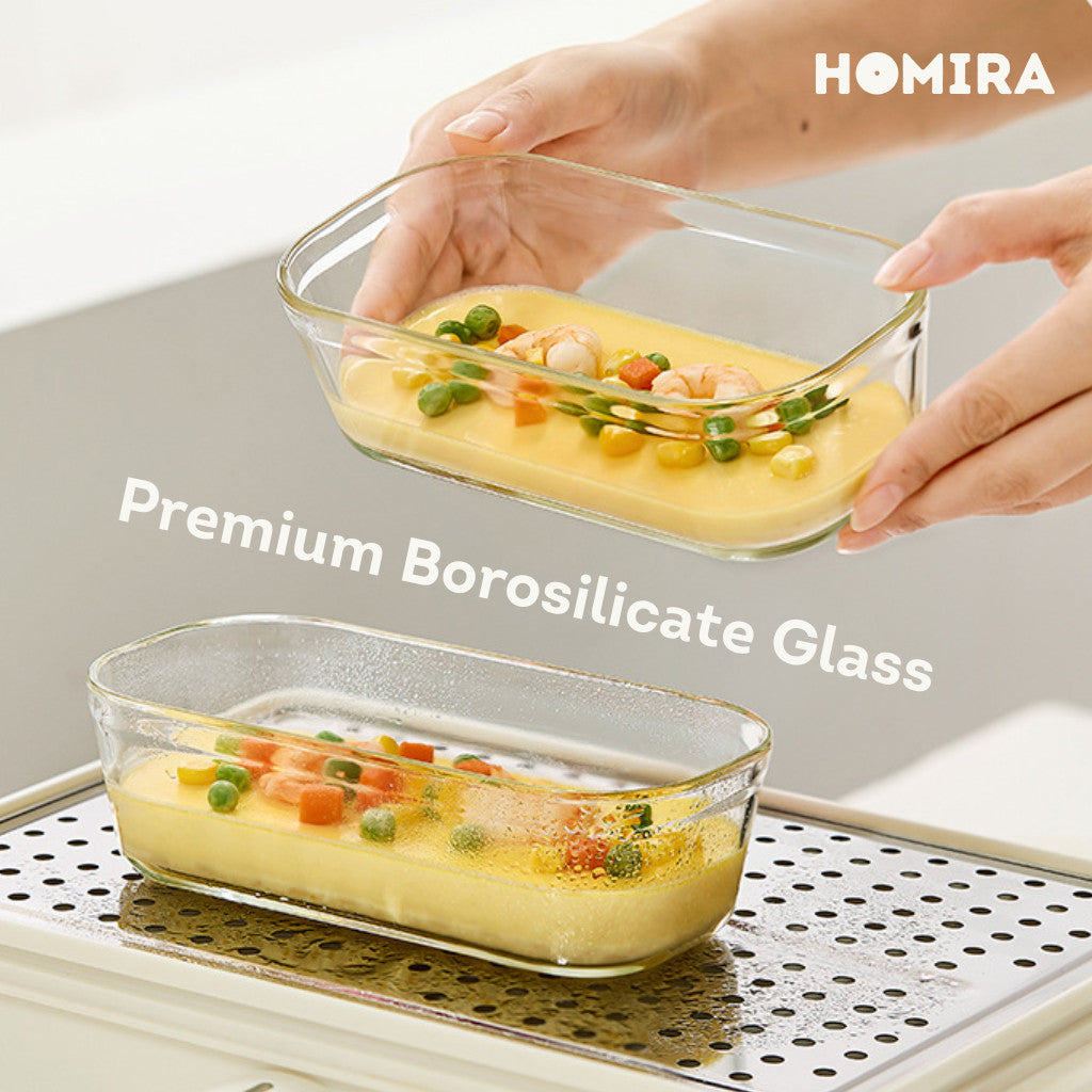 HOMIRA Timeless Series Square Borosilicate Glass Food Container (1370ml x 2 Pcs)