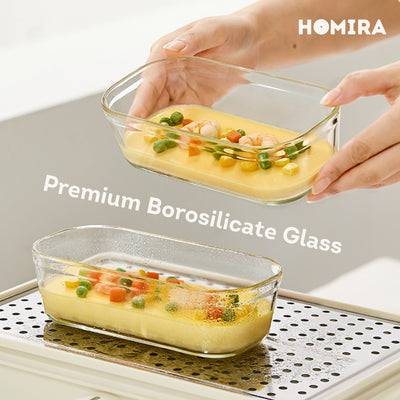 HOMIRA Timeless Series Square Borosilicate Glass Food Container (1370ml x 2 Pcs)