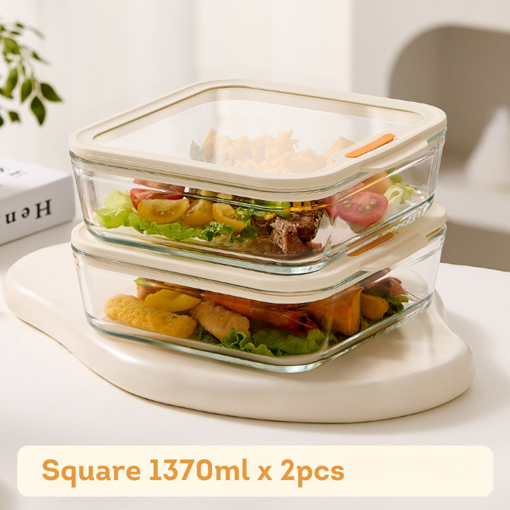 HOMIRA Timeless Series Square Borosilicate Glass Food Container (1370ml x 2 Pcs)