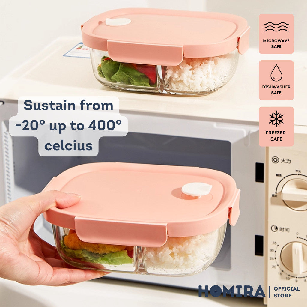 HOMIRA Peachy Pink Borosilicate Glass Food Container Airtight Leakproof Lunch Box (450ml-940ml)