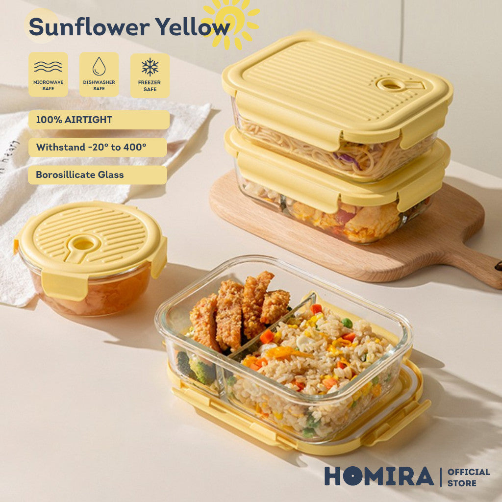 HOMIRA Sunflower Yellow Borosilicate Glass Food Container (450ml-1100ml)