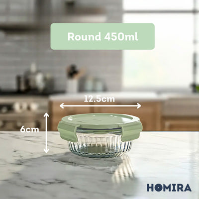 HOMIRA Wave Series Borosilicate Glass Food Container Airtight Microwave Safe (450ml-1050ml)